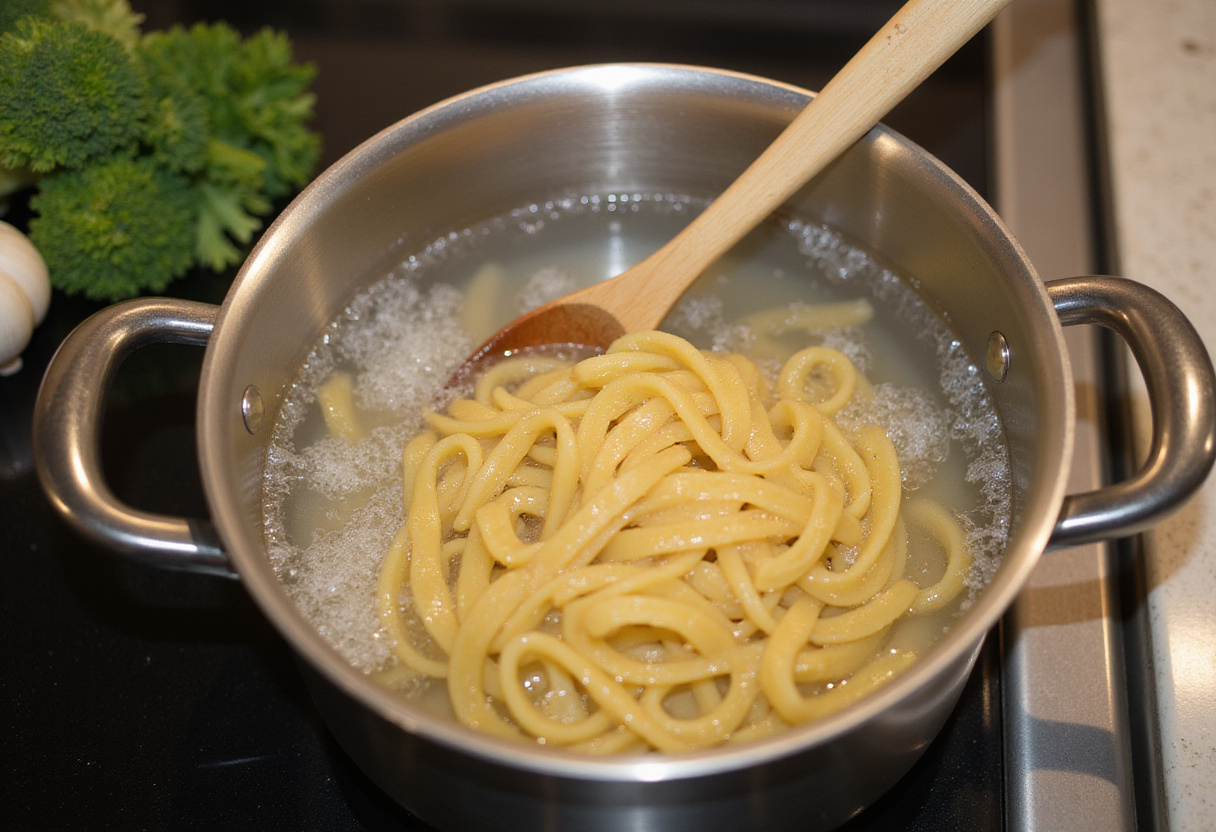 Cooking pasta in boiling water for Chicken and Broccoli Pasta. Step-by-step guide to making a delicious dish.