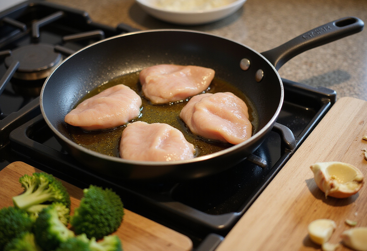 Sautรฉing chicken for Chicken and Broccoli Pasta. Easy cooking steps for a tasty meal.