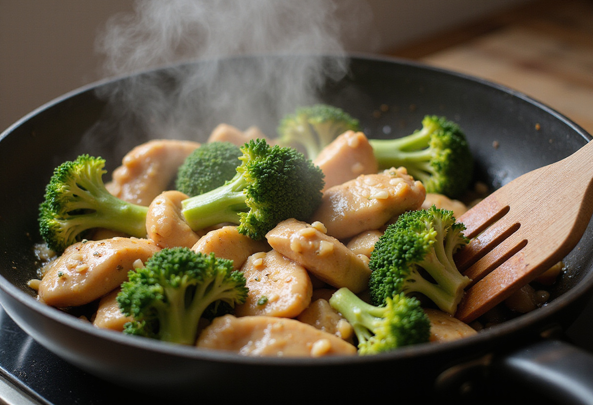 Combining sautรฉed chicken and broccoli for Chicken and Broccoli Pasta. Key steps to create a flavorful dish.