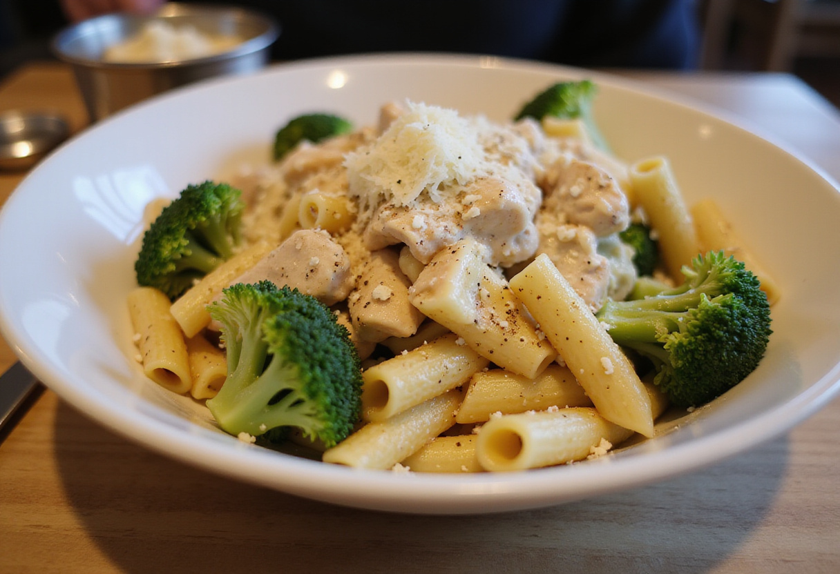 Serving Chicken and Broccoli Pasta. Final prep for a hearty meal with pasta, chicken, and broccoli.