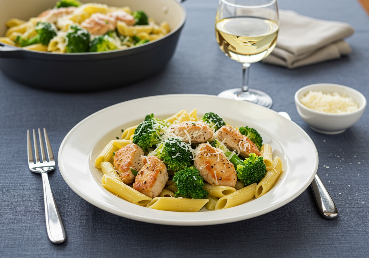 Final presentation of Chicken and Broccoli Pasta on a dinner table. Perfectly plated for an inviting meal.