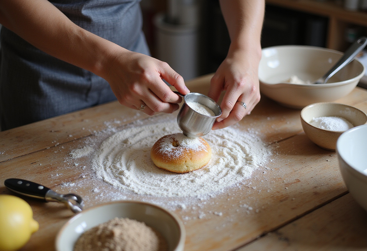 Measuring ingredients like flour and sugar to make Delicious Cruffins, showcasing the preparation process for a tasty pastry.