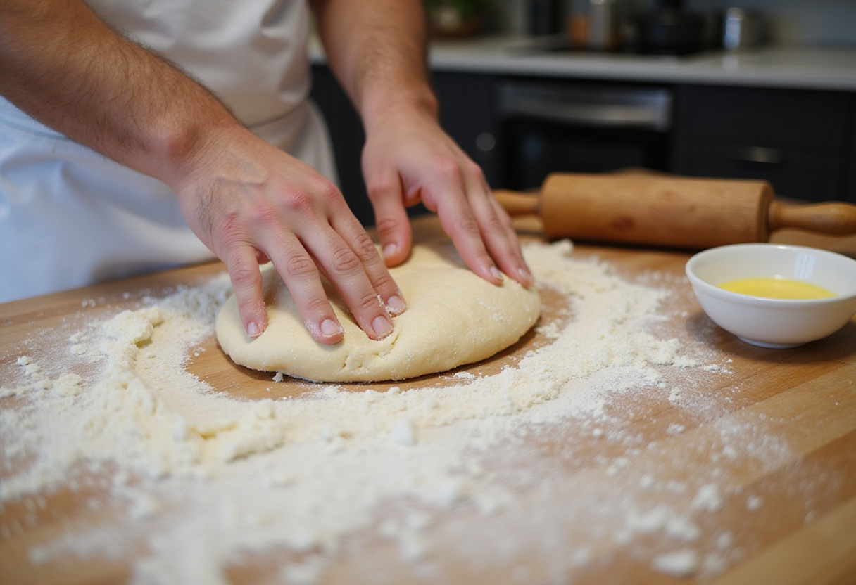 Kneading the dough for Delicious Cruffins, emphasizing the careful preparation necessary for this unique pastry treat.