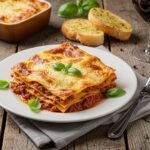 Serving of authentic Maggiano’s Lasagna, garnished with basil and Parmesan, delicious Italian meal presentation, perfect for family gatherings.