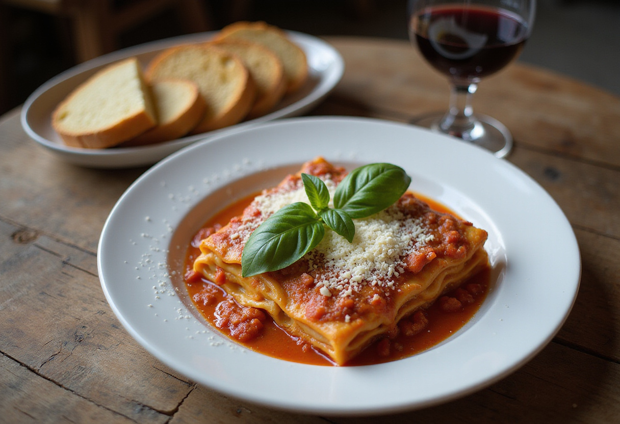 Serving of authentic Maggiano’s Lasagna, garnished with basil and Parmesan, delicious Italian meal presentation, perfect for family gatherings.