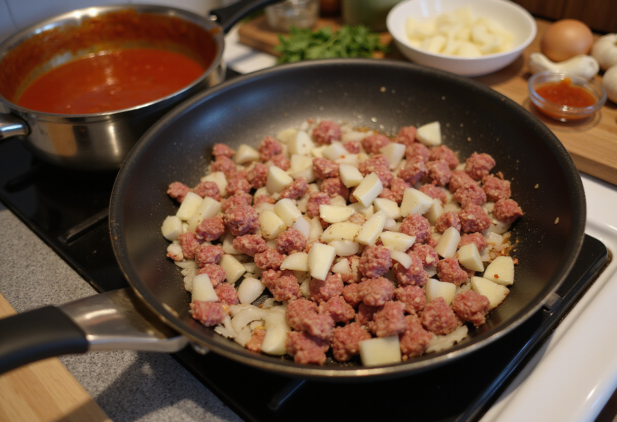 Ground beef and onions browning in a skillet, preparing Maggiano’s Lasagna, savory meat sauce, Italian cooking, lasagna preparation.
