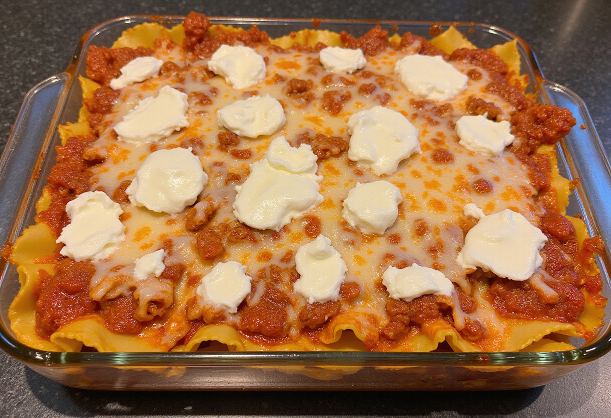 Layering ingredients for Maggiano’s Lasagna in a baking dish, classic Italian comfort food, ricotta cheese and mozzarella, homemade layers.