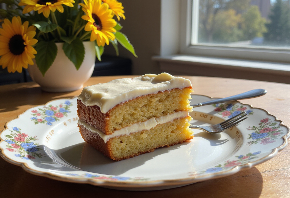 A slice of moist Hummingbird Cake served on a plate, highlighting its layers and garnishes, perfect for any dessert lover.