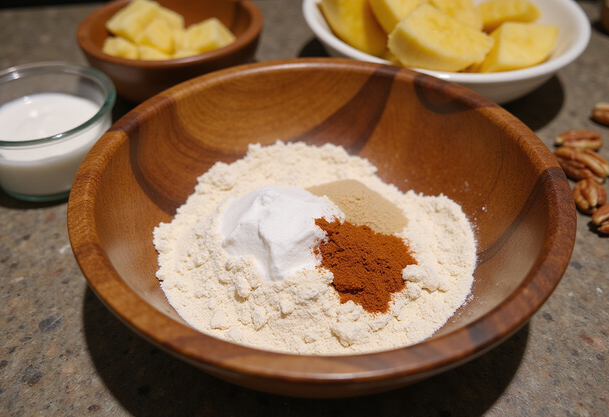 Ingredients for Hummingbird Cake including flour, sugar, ripe bananas, crushed pineapple, and pecans on a kitchen counter.