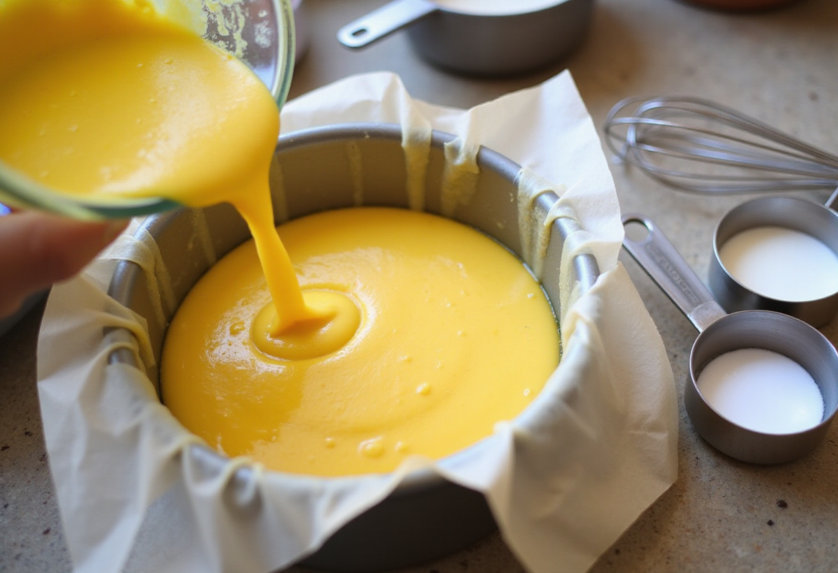 Pouring the vibrant batter for Hummingbird Cake into a round cake pan, showcasing the mix of ingredients in the baking process.