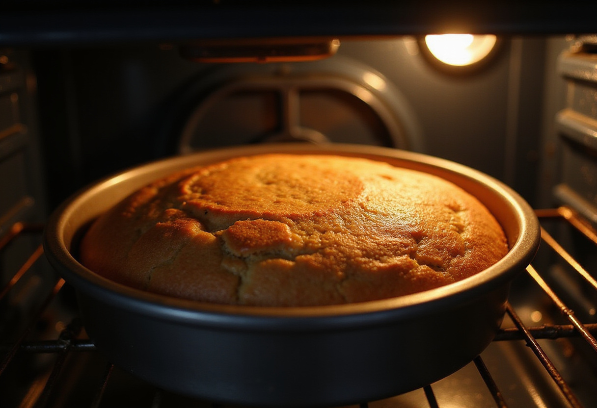 Hummingbird Cake rising beautifully in the oven, displaying a golden-brown top, showcasing the baking process.