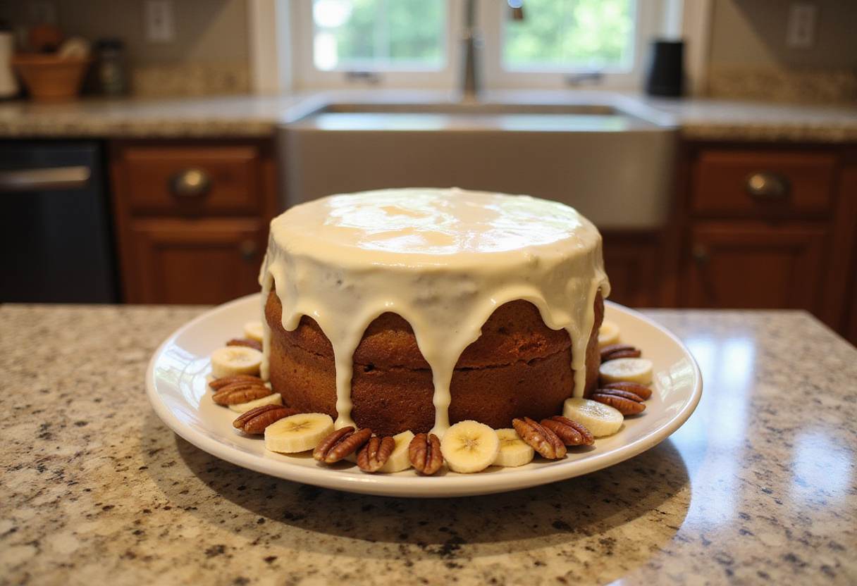 A beautifully decorated Hummingbird Cake with cream cheese frosting, garnished with bananas and pecans, ready for serving.