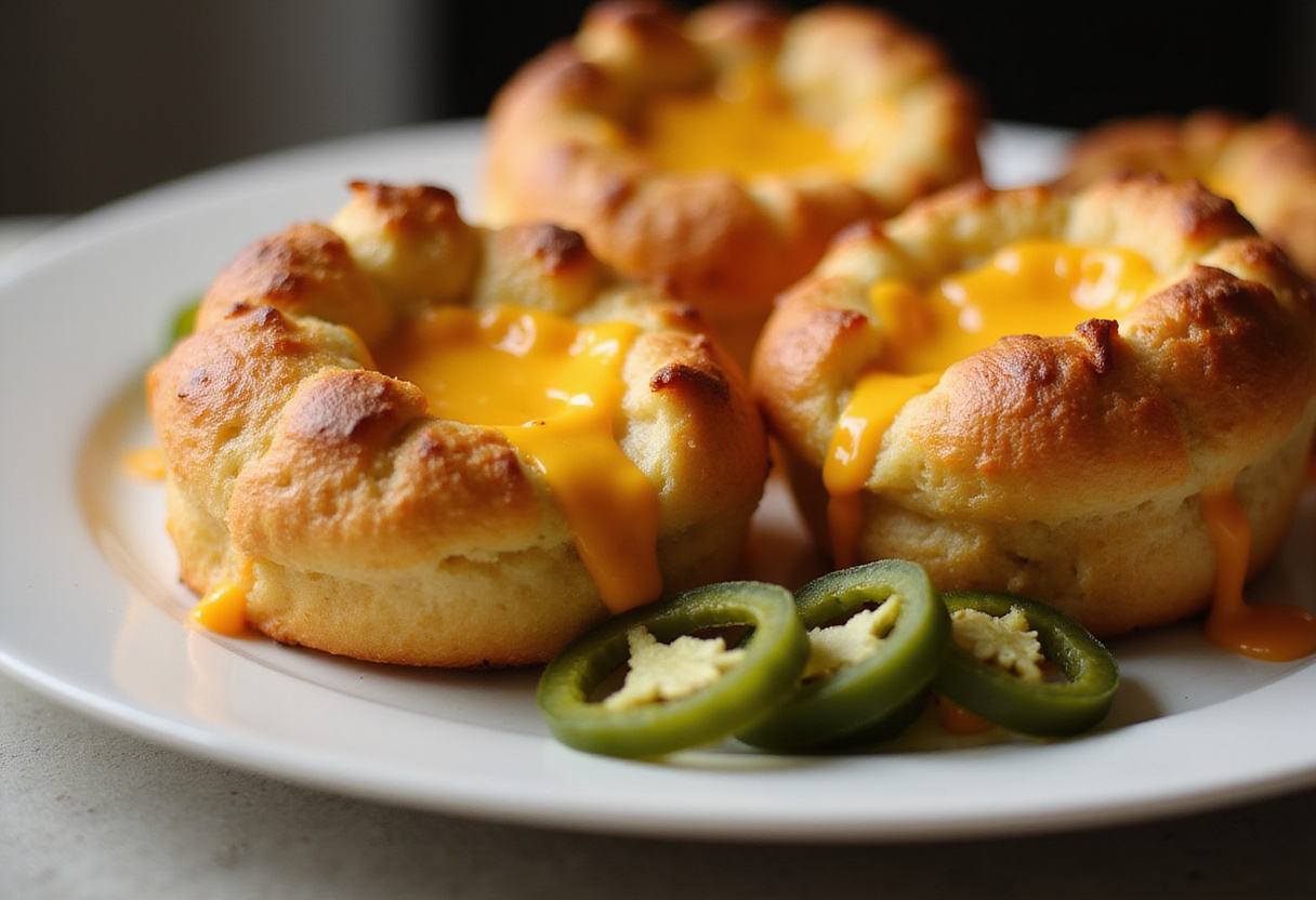 Delicious jalapeño cheddar popovers served on a platter, showcasing their golden color and cheesy texture, ideal for a savory snack.