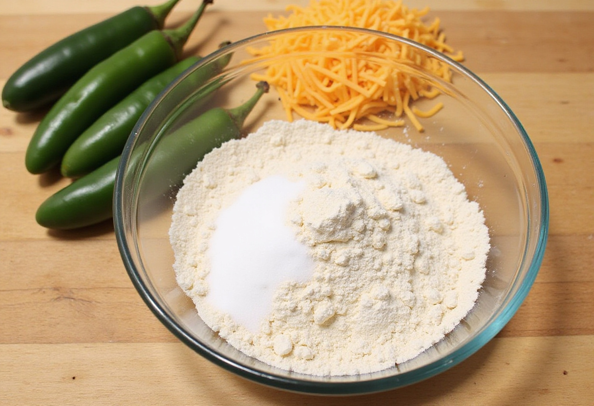 Ingredients for jalapeño cheddar popovers including flour, baking soda, and jalapeños ready for mixing.