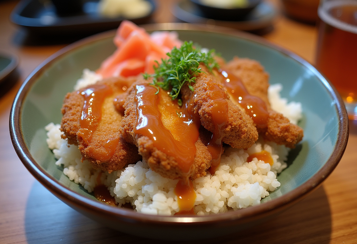 Final presentation of Japanese Katsu Bowls featuring golden crispy chicken, rice, and drizzled tonkatsu sauce for a mouthwatering dish.