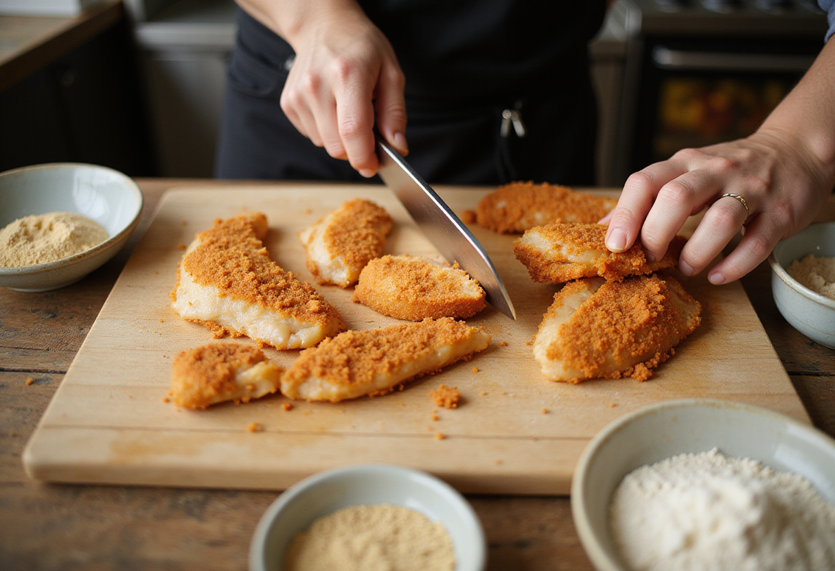 Japanese Katsu Bowls ingredients preparation with chicken fillets, breadcrumbs, and flour for the perfect dish.