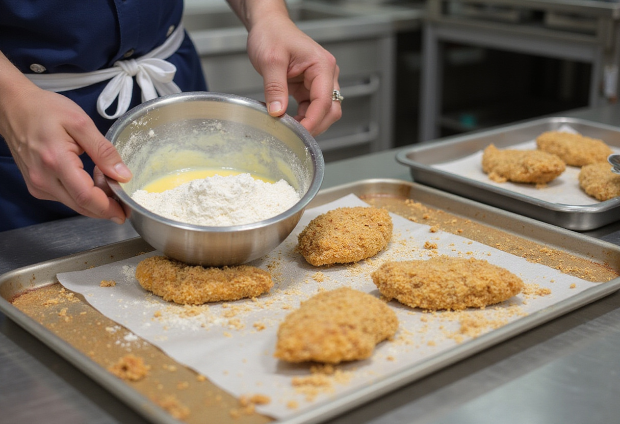 Breaded chicken preparation for Japanese Katsu Bowls, showcasing the process of coating chicken fillets in flour, egg, and breadcrumbs.