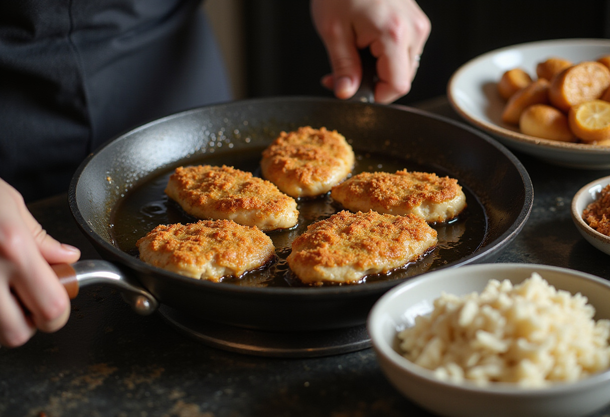 Frying chicken fillets for Japanese Katsu Bowls, highlighting the sizzling process in a pan and the accompanying bowl of rice.