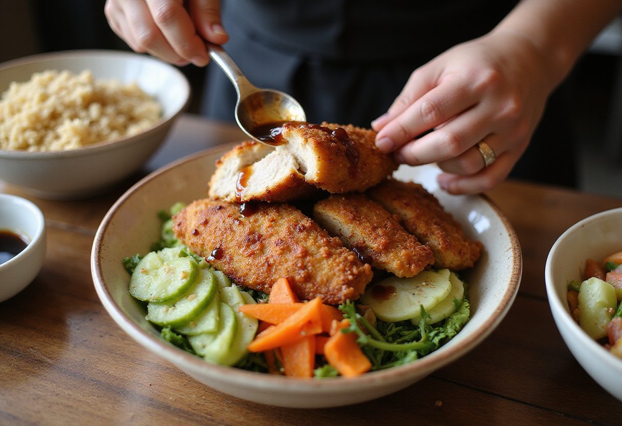 Assembling Japanese Katsu Bowls with crispy chicken, rice, fresh vegetables, and tonkatsu sauce for a delicious presentation.