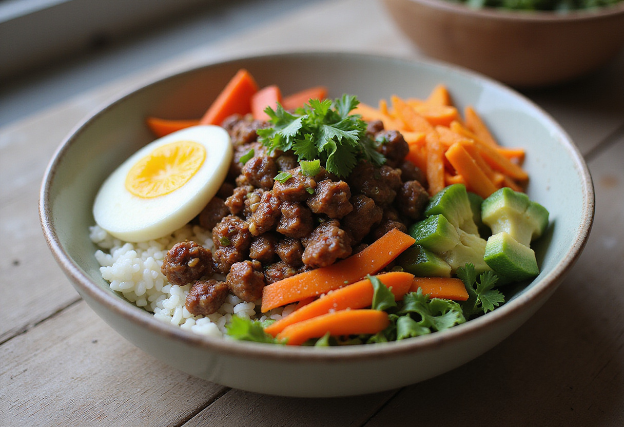 Gourmet presentation of a Korean Ground Beef Bowl displaying ground beef, steamed rice, and vibrant vegetables, perfect for a delicious meal.