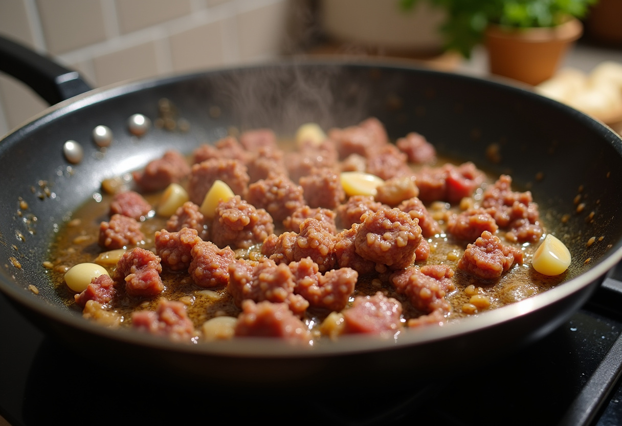Delicious Korean Ground Beef Bowl preparation with marinated beef, garlic, and ginger cooking in a frying pan.