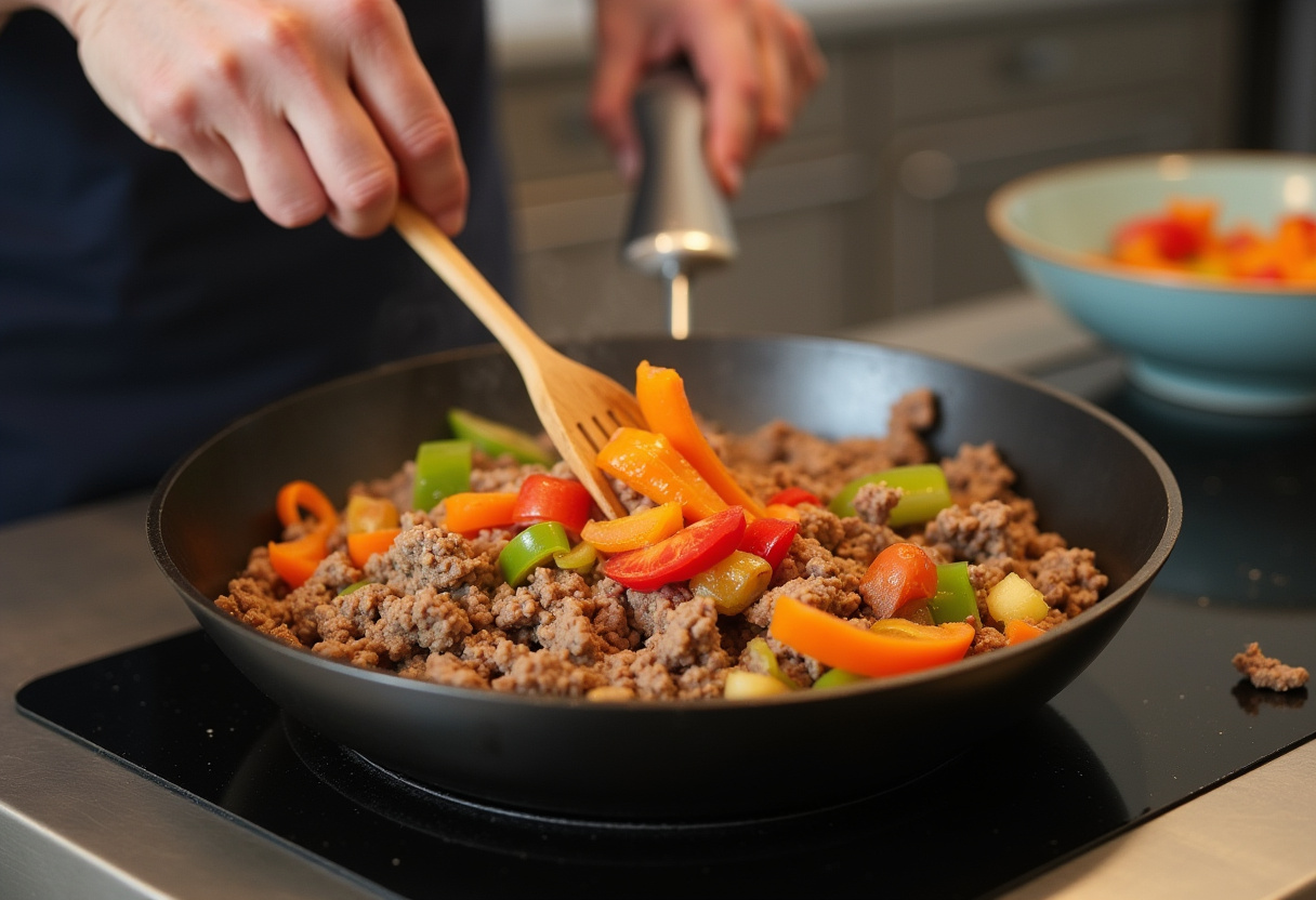 Vibrant vegetables being mixed with Korean seasoned ground beef in a frying pan for an authentic Korean Ground Beef Bowl.