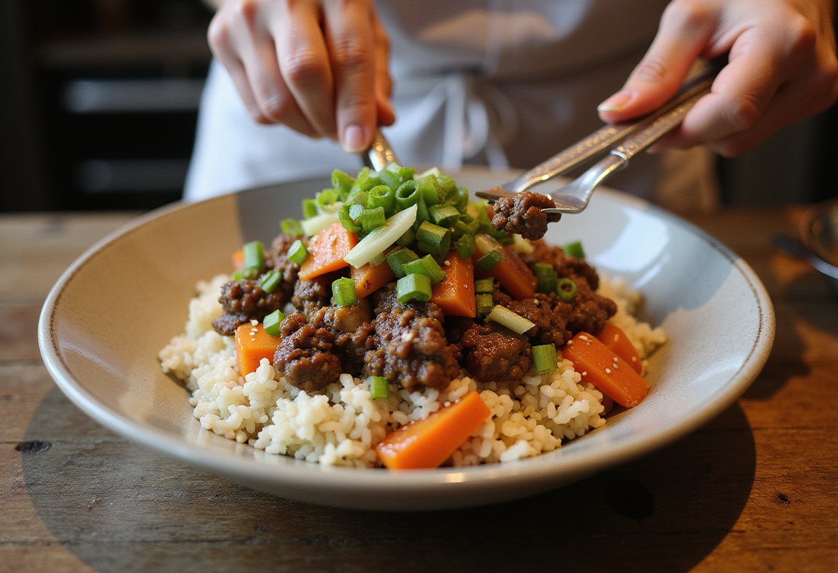 Assembling a Korean Ground Beef Bowl with beautifully garnished beef and vegetables over fluffy rice, ready to serve.