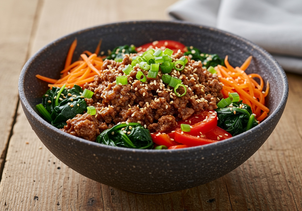 Gourmet presentation of a Korean Ground Beef Bowl displaying ground beef, steamed rice, and vibrant vegetables, perfect for a delicious meal.