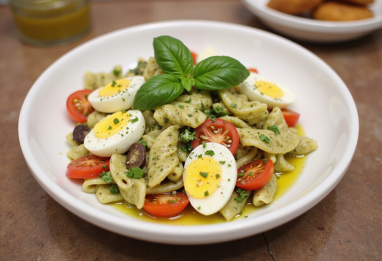 Final presentation of Light and Creamy Pesto Caprese Pasta Salad, featuring vibrant colors and fresh ingredients, perfect for any gathering.