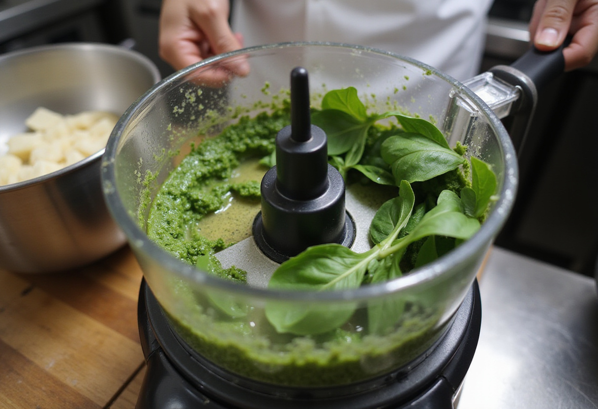 Making fresh basil pesto for Light and Creamy Pesto Caprese Pasta Salad with vibrant green ingredients.