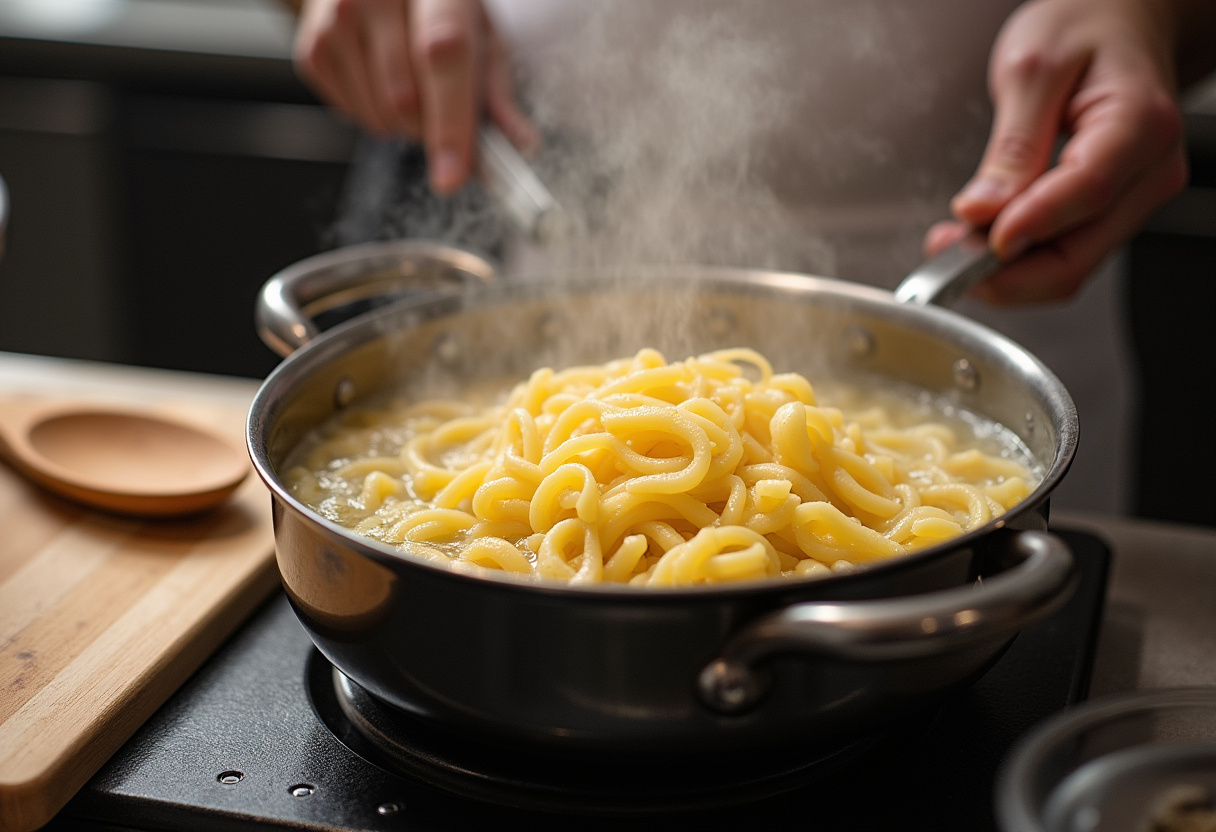 Cooking al dente pasta for Light and Creamy Pesto Caprese Pasta Salad, capturing the boiling water and perfect pasta texture.