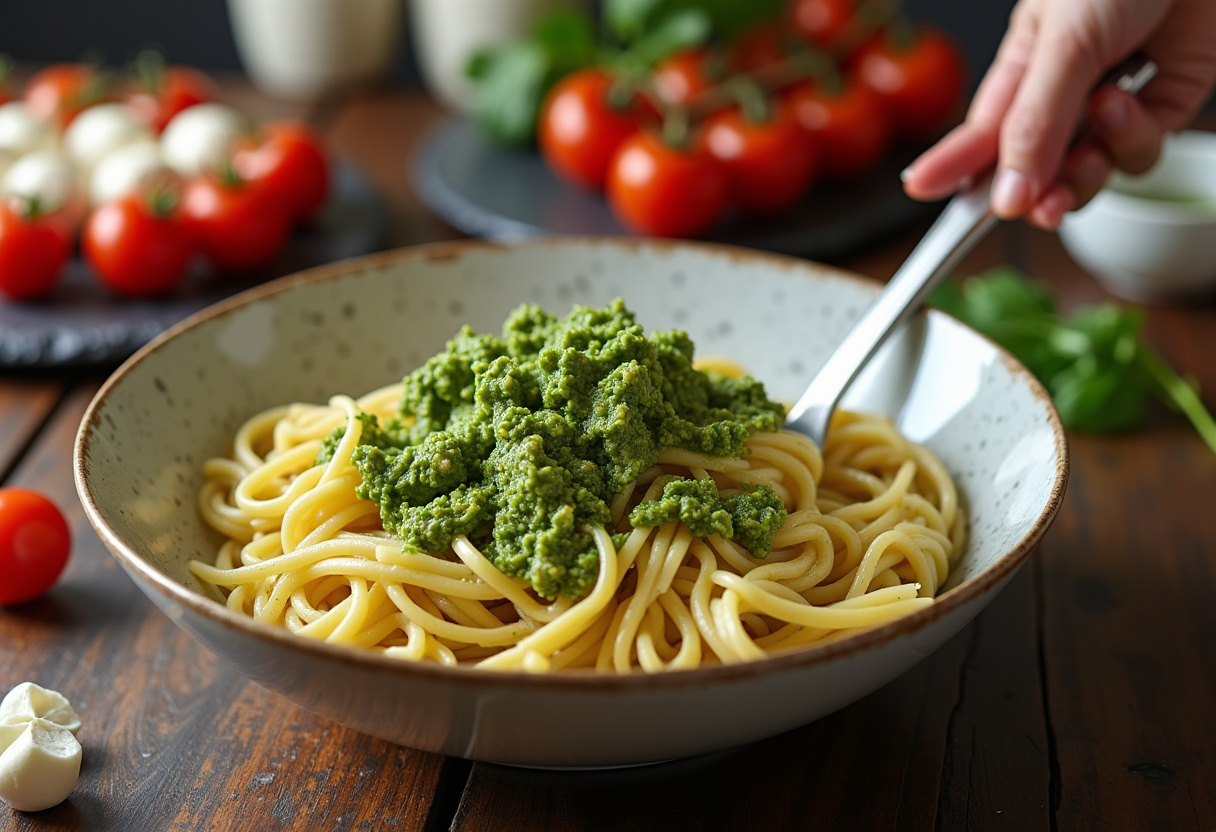 Combining pesto with pasta for a Light and Creamy Pesto Caprese Pasta Salad, ensuring every piece is evenly coated in rich green sauce.