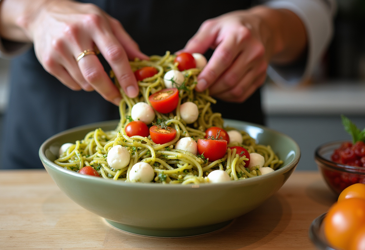 Adding cherry tomatoes and mozzarella to Light and Creamy Pesto Caprese Pasta Salad, enhancing the flavors and presentation.