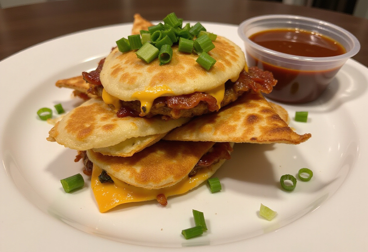 Final presentation of Loaded BBQ Bacon Cheese Quesadilla Bombs, beautifully plated with BBQ dipping sauce, perfect for sharing or enjoying alone.
