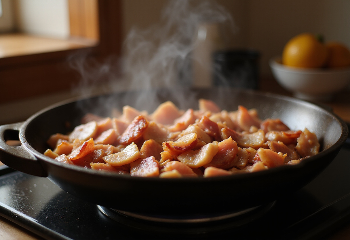 Cooking crispy bacon for Loaded BBQ Bacon Cheese Quesadilla Bombs in a skillet, a delicious start to the recipe.