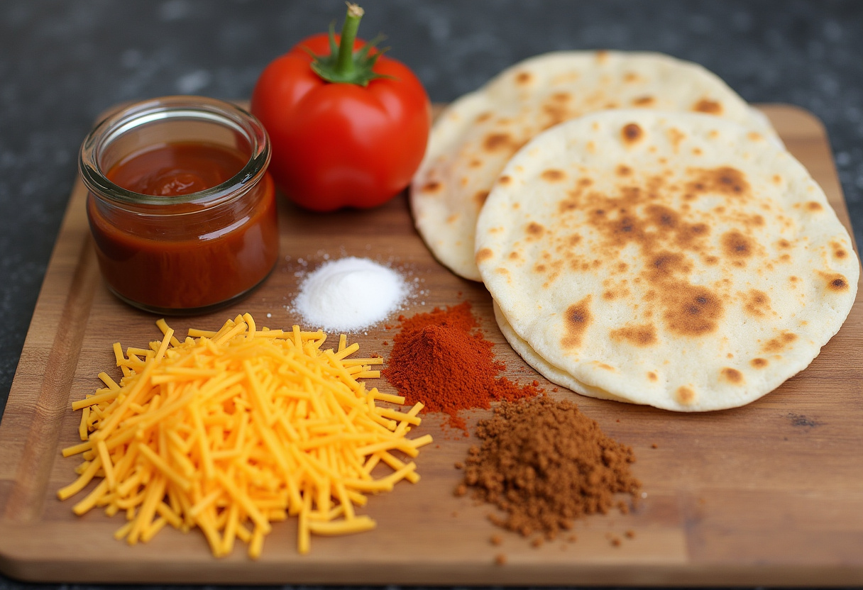 Preparing ingredients for Loaded BBQ Bacon Cheese Quesadilla Bombs, featuring grated cheese and BBQ sauce on a wooden cutting board.