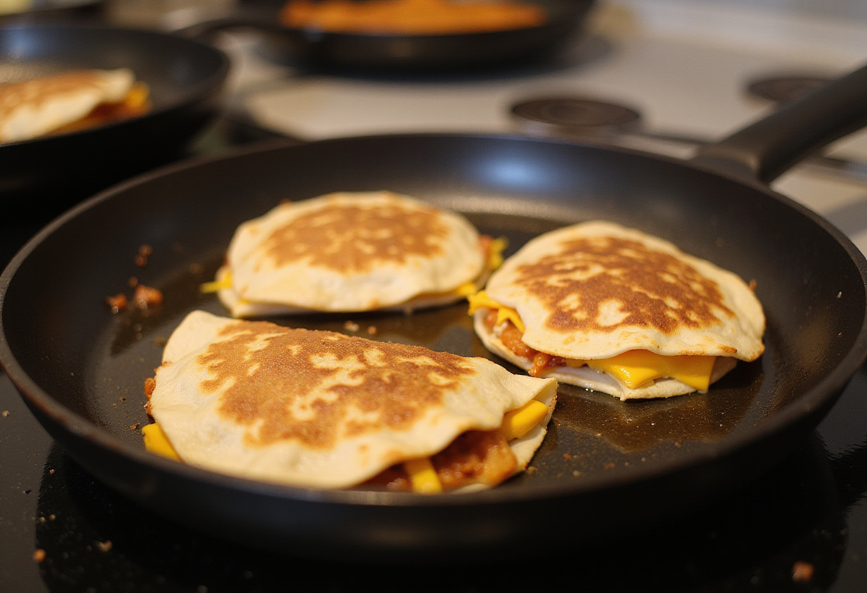 Cooking Loaded BBQ Bacon Cheese Quesadilla Bombs in a frying pan, showcasing their golden-brown exterior and delicious cheesy filling.