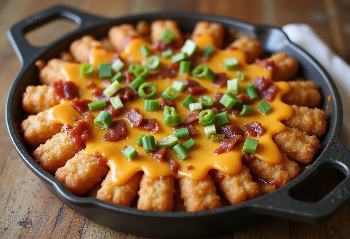 Final presentation of Loaded BBQ Bacon Tater Tot Casserole with melted cheese and garnished, ready to serve.