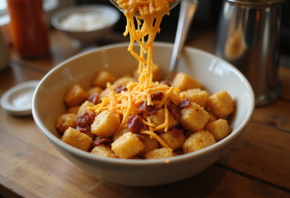 Loaded BBQ Bacon Tater Tot Casserole ingredients: crispy tater tots, cheese, and bacon bits mixed in a cozy kitchen.
