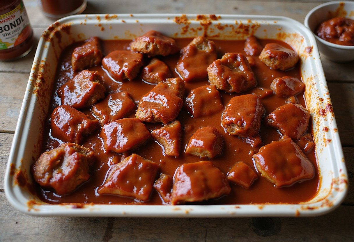 Preparing Loaded BBQ Bacon Tater Tot Casserole with barbecue sauce in an oven-safe dish, showcasing barbecue flavors.