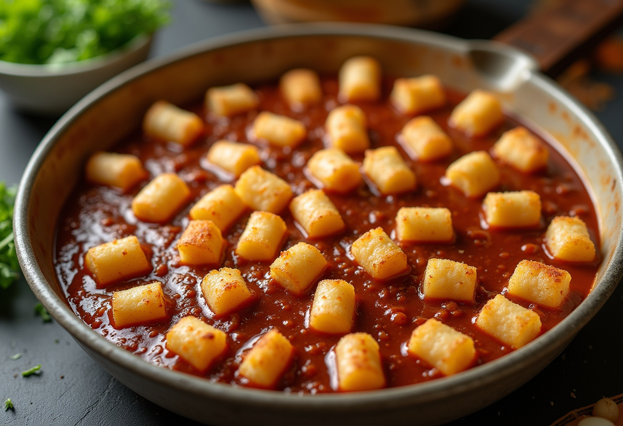 Spreading tater tot mixture over BBQ sauce for Loaded BBQ Bacon Tater Tot Casserole, ensuring a delicious and even layer.