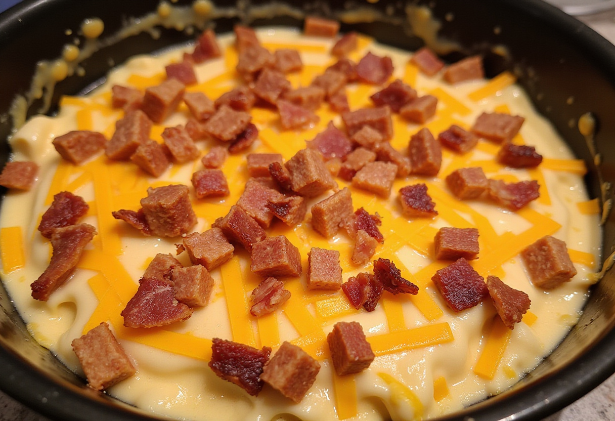 Assembling Loaded BBQ Bacon Tater Tot Casserole by topping with cheese and bacon, ready for baking.