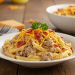 Delicious Loaded Bacon Cheeseburger Alfredo Pasta served in a bowl, beautifully garnished with parsley and crispy bacon, perfect for a comforting meal.