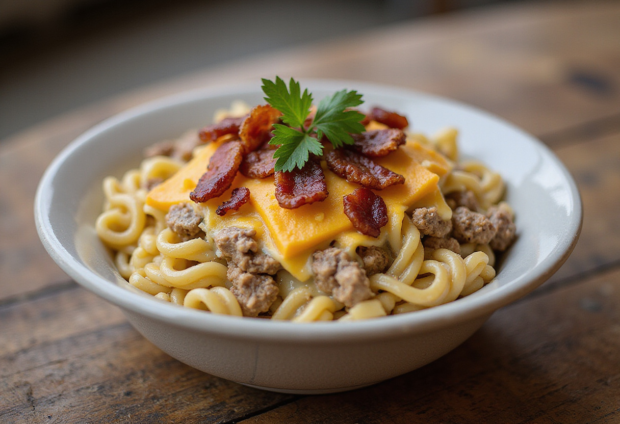 Delicious Loaded Bacon Cheeseburger Alfredo Pasta served in a bowl, beautifully garnished with parsley and crispy bacon, perfect for a comforting meal.