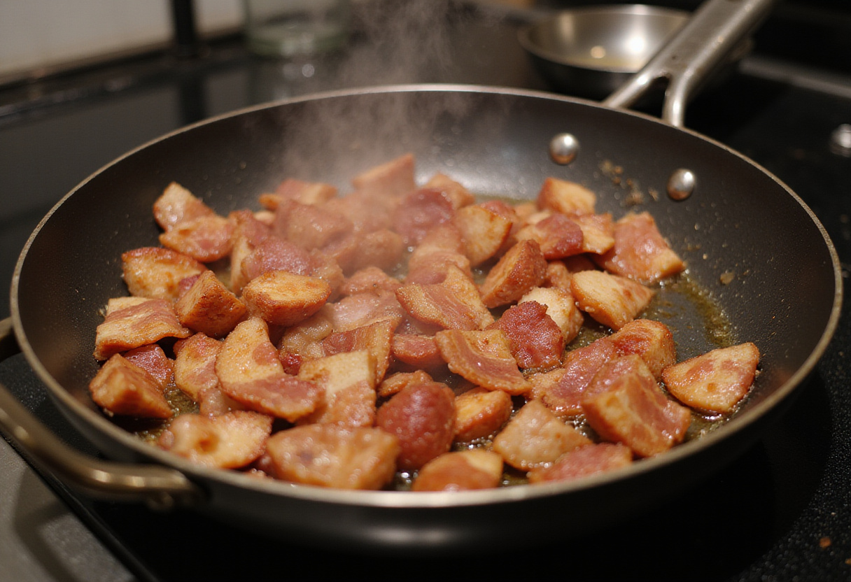 Cooking fettuccine pasta for Loaded Bacon Cheeseburger Alfredo Pasta, showcasing the boiling water and pasta in a large pot.