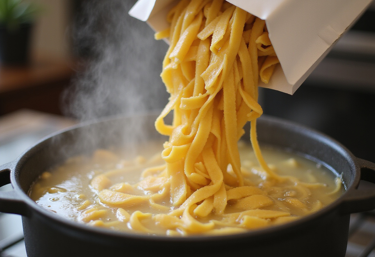 Cooking crispy diced bacon for Loaded Bacon Cheeseburger Alfredo Pasta, featuring the skillet with sizzling bacon and a light sheen of grease.