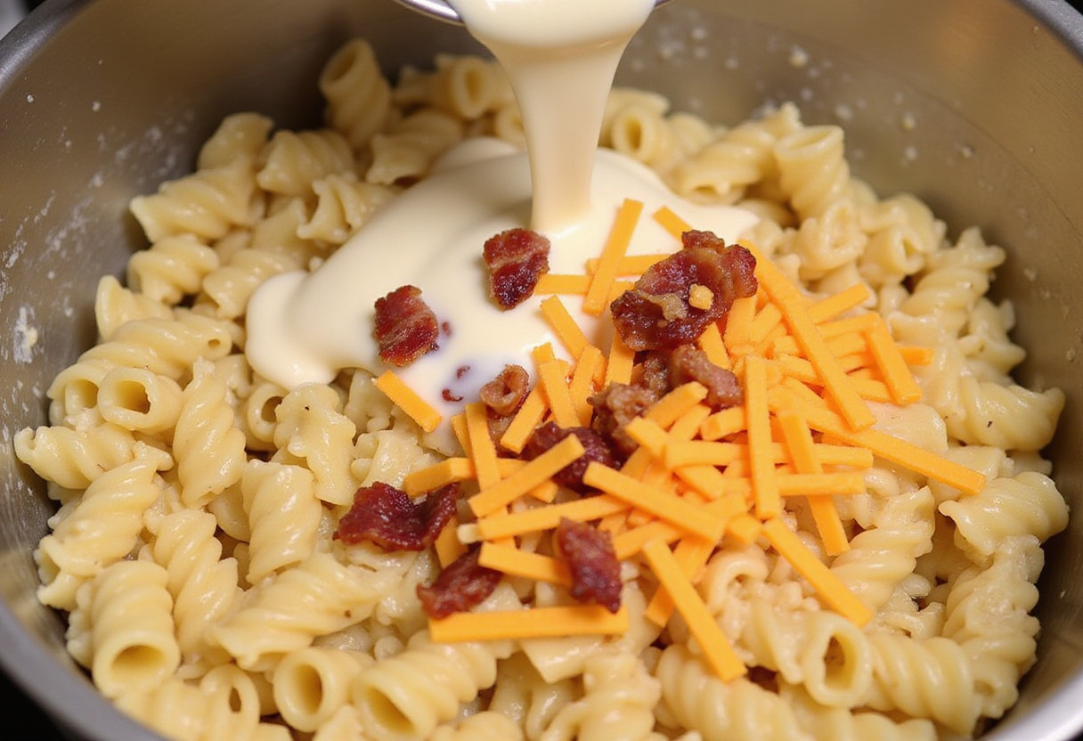 Browning ground beef for Loaded Bacon Cheeseburger Alfredo Pasta in a skillet, with spices such as garlic powder enhancing the flavor.