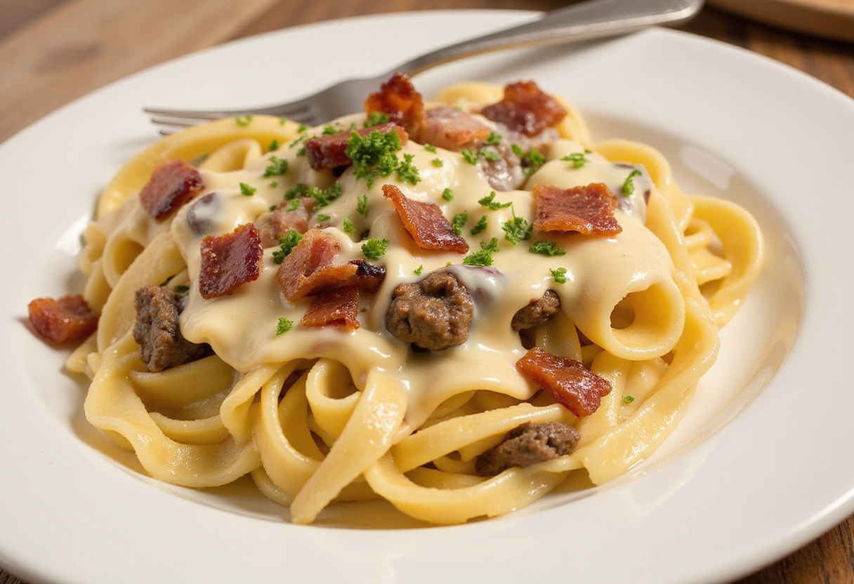 Creating a creamy Alfredo sauce with melted cheddar cheese for Loaded Bacon Cheeseburger Alfredo Pasta in a skillet, mixing with fettuccine and crispy bacon.