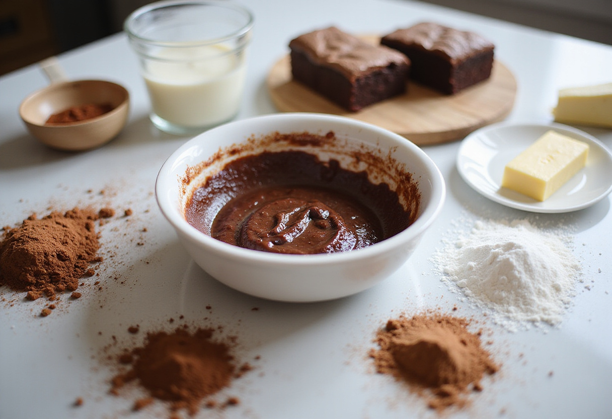 Loaded Brownie Cheesecake Cup preparation with brownie mix, cocoa powder, and sugar displayed in a bright kitchen environment.