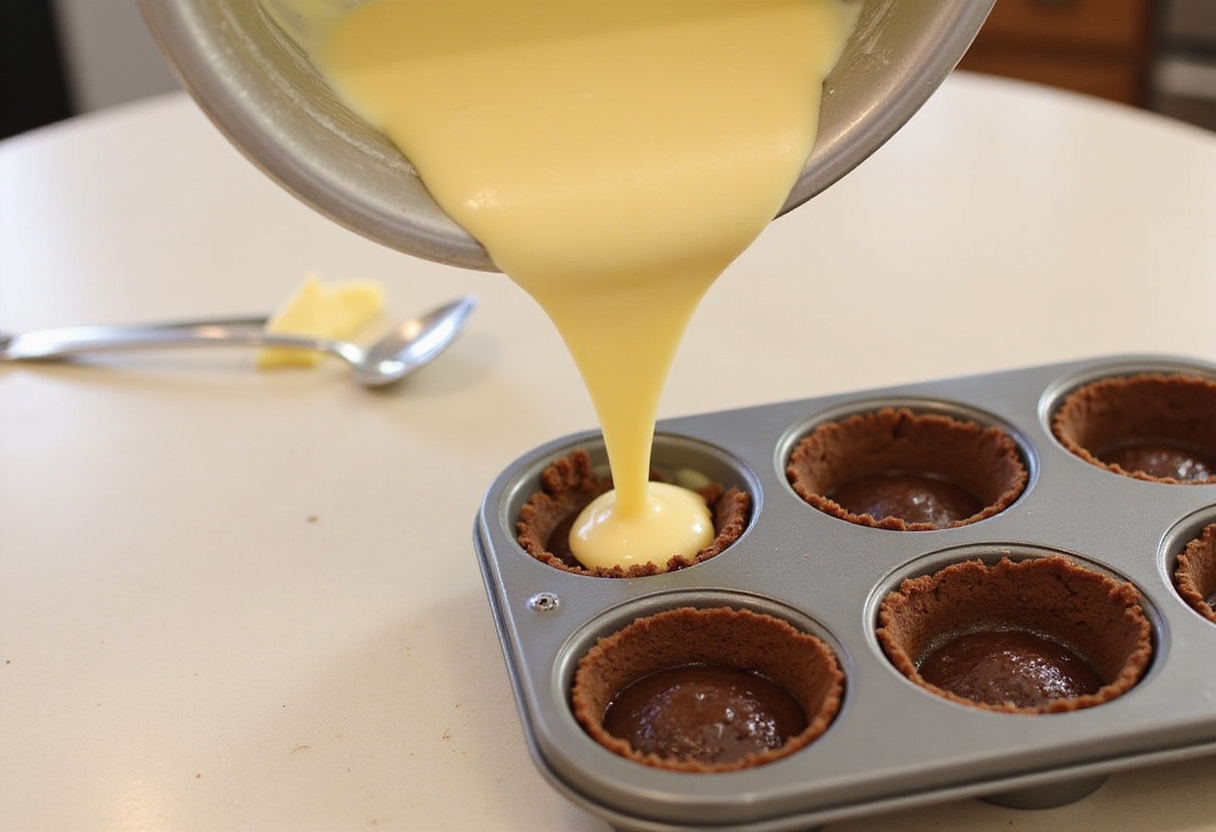 Loaded Brownie Cheesecake Cups being assembled, featuring creamy cheesecake batter poured over chocolate brownie mix in the kitchen.